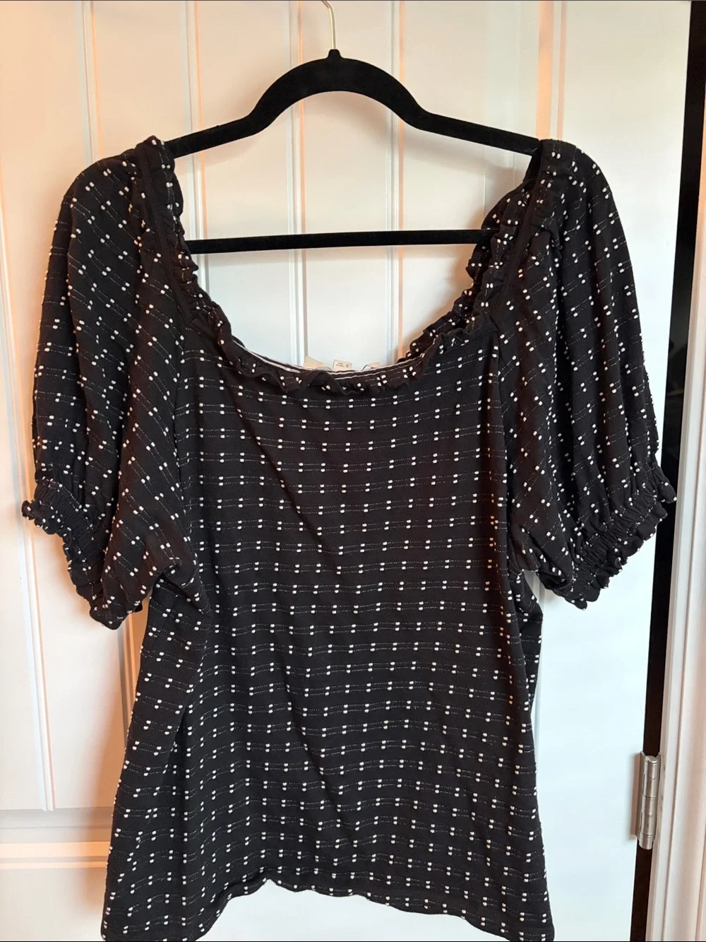 LOFT Black Puff-Sleeve Square Neck Blouse with White Dot Grid